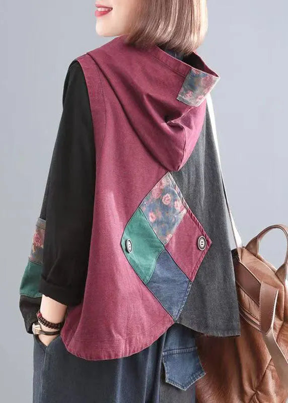 Blue Print Pockets Patchwork Denim Hoodies Vest Fall