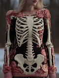 Comstylish Vintage Skeleton Roses Crew Neck Comfy Knit Sweater