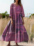 Women's Patchwork Patterned Art Print Flowy V-Neck Cotton Dress