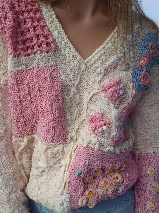 Vintage Pink Crochet Patchwork V Neck Cozy Knit Sweater
