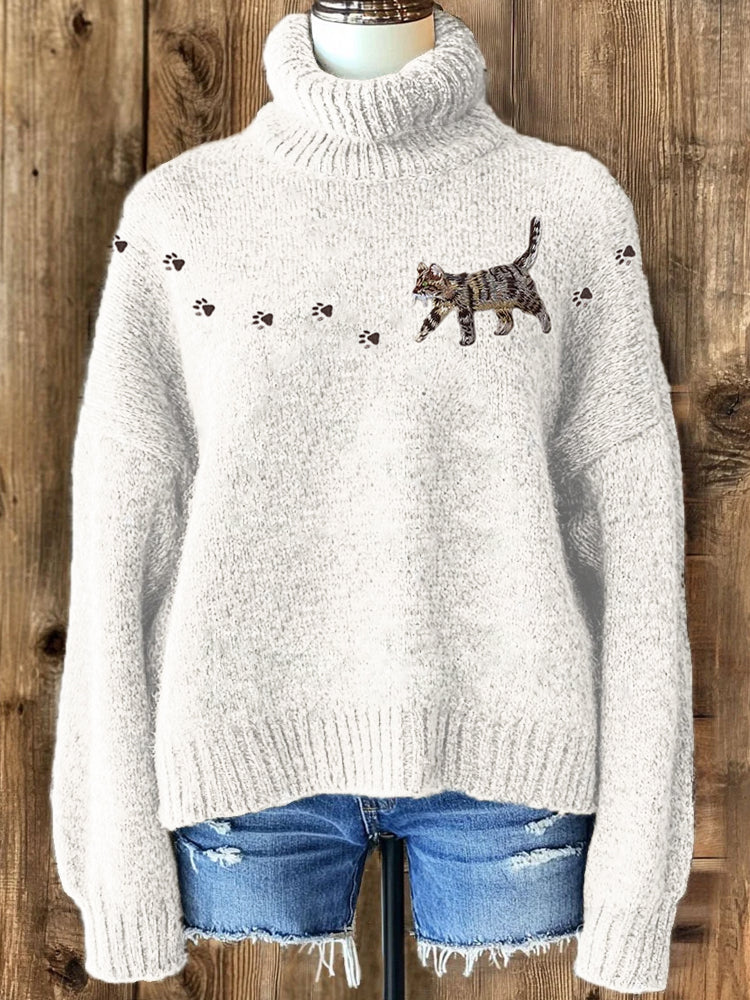 Cat & Paw Prints Yoke Embroidered Cozy Knit Turtleneck Sweater elevenforest