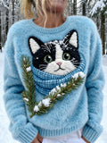 Comstylish Winter Cat Design Women's Soft Plush Sweater
