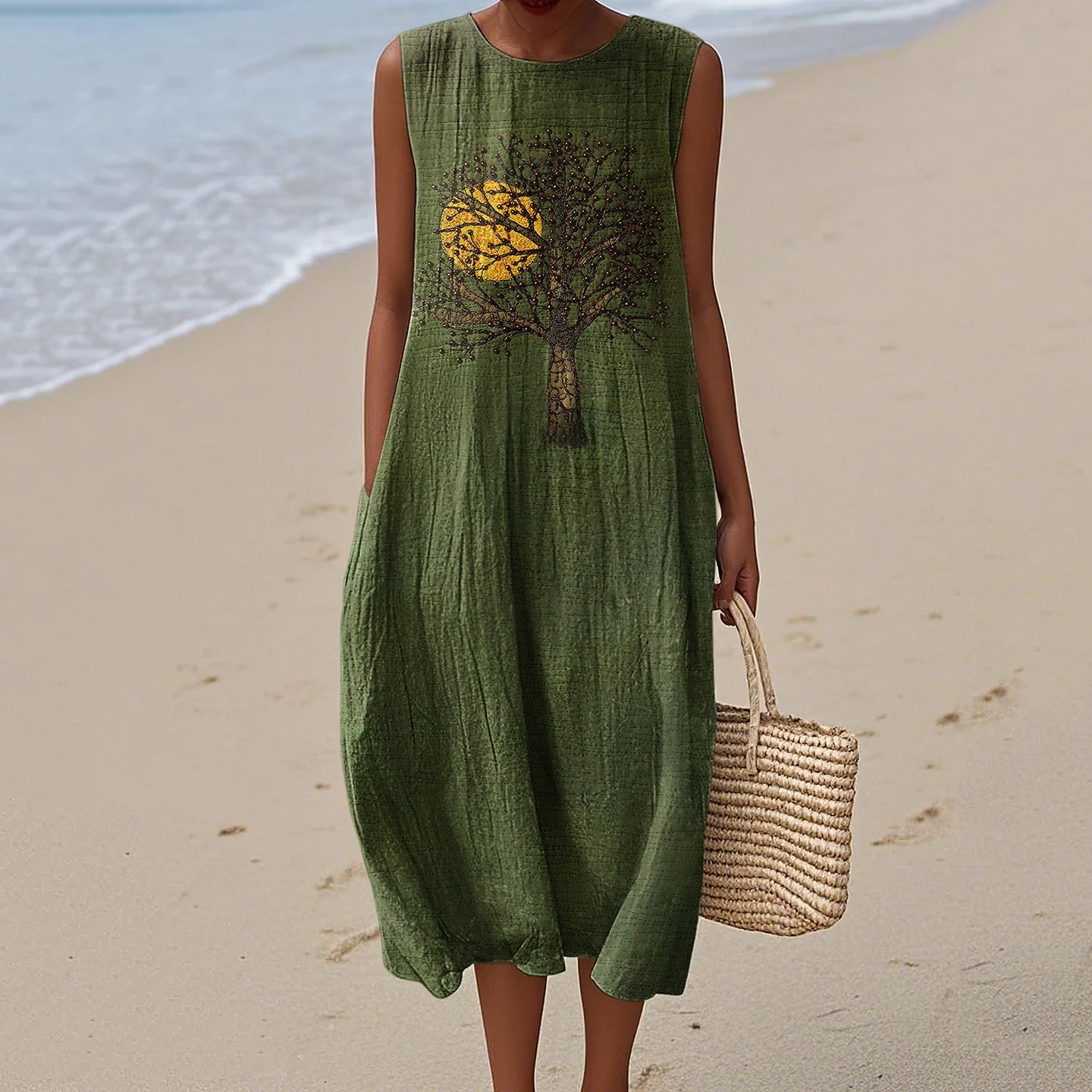 Women's Vintage Tree And Sunset Art Print Sleeveless Dress elevenforest