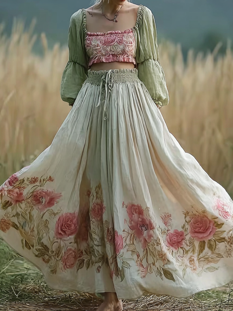 Bohemian Retro Countryside Style Plant Flower Pattern Half-length Dress elevenforest