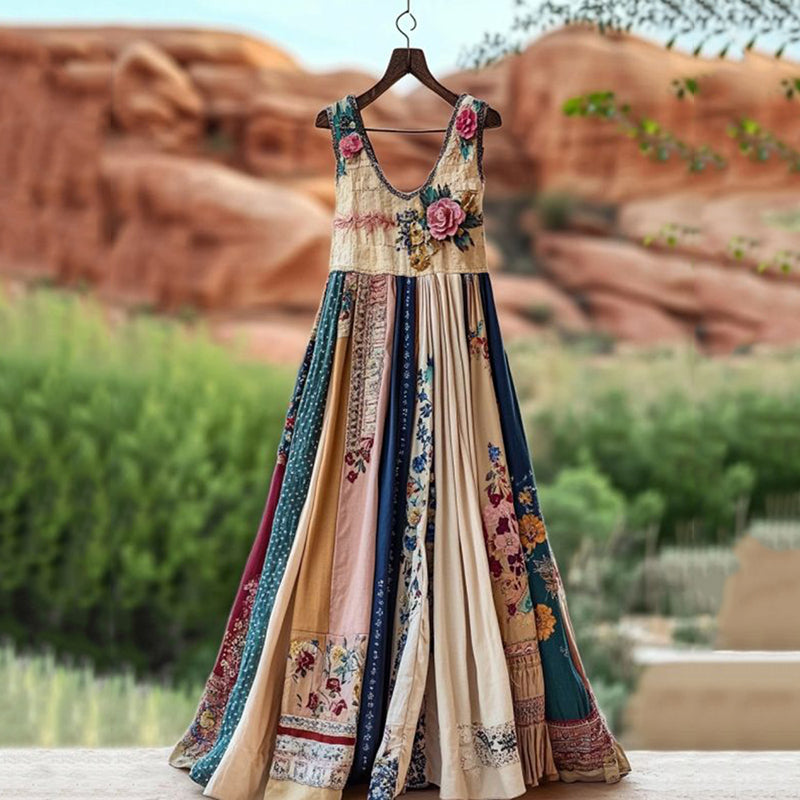 Women's Vintage Floral Art Comfy Linen Dress elevenforest