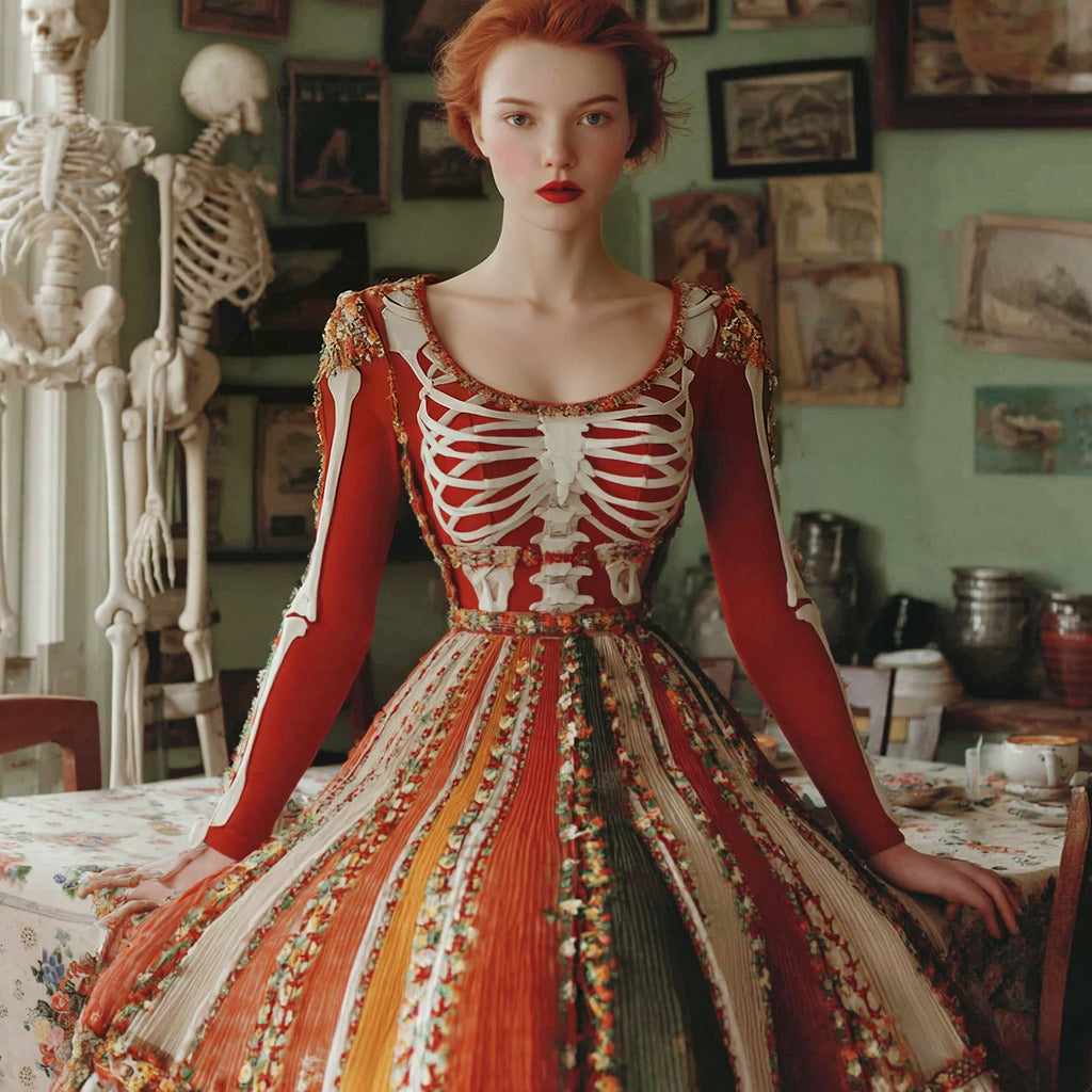 Women's Retro Skull And Ethnic Floral Pattern Casual Round Neck Dress elevenforest