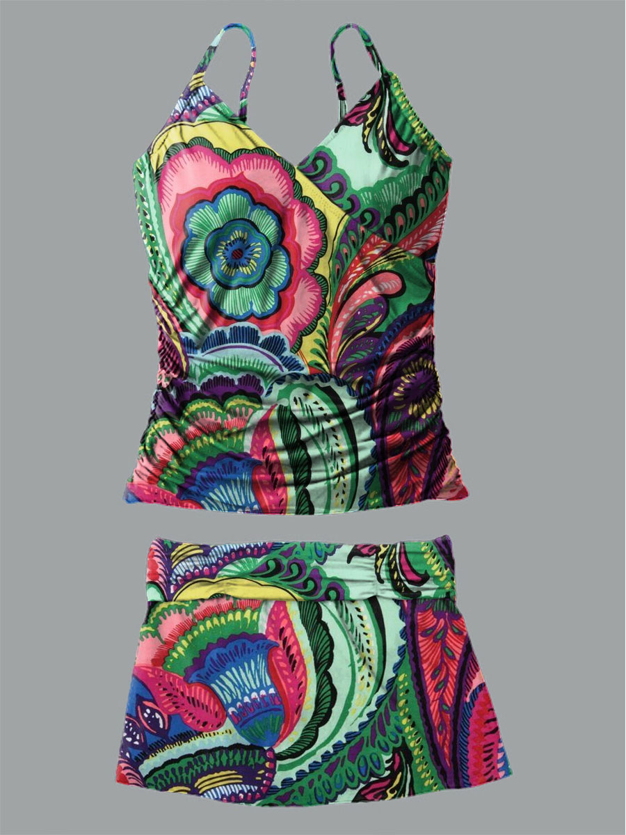 Women's Vintage Bohemian Floral Print Shirred Suspender Swimsuit Set