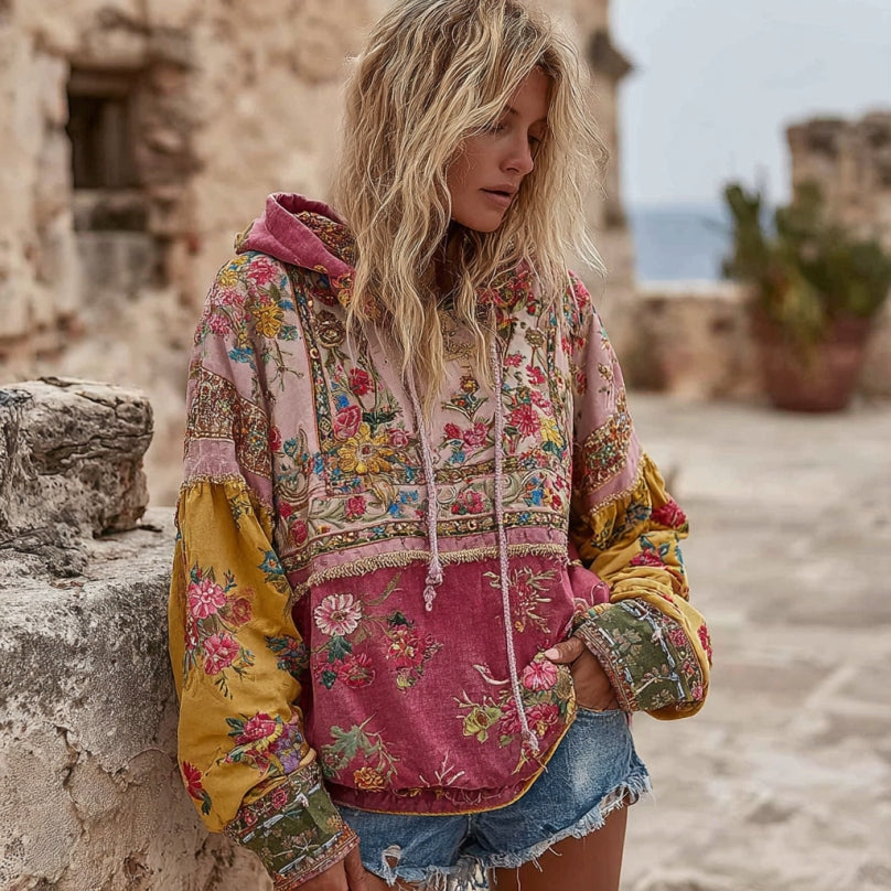 Women's Vintage Bohemian Floral Embroidery Patchwork Art Casual Long Sleeve Hoodie elevenforest