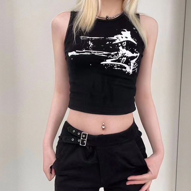 2000s E-girl Print Sleeveless Tank Top Summer Y2k Ribbed Grunge Crop Top Harajuku Vest Tee Street Black Top