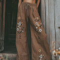 Women's Vintage Floral Embroidered Pattern Linen Blend Casual Pants elevenforest