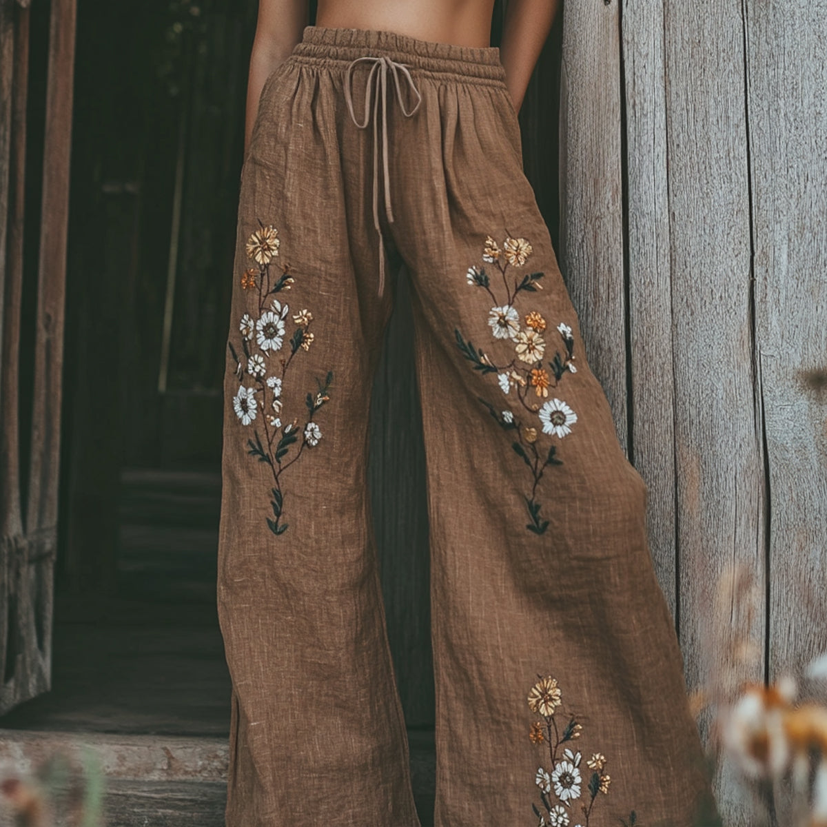 Women's Vintage Floral Embroidered Pattern Linen Blend Casual Pants elevenforest