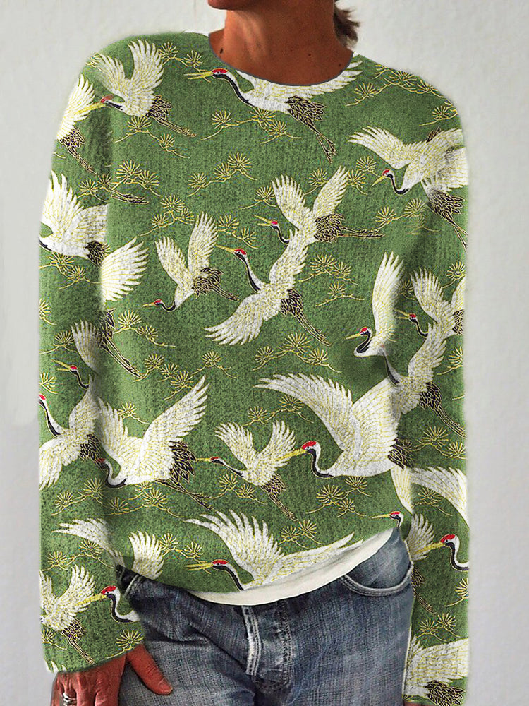 Cranes & Pine Trees Japanese Traditional Pattern Cozy Knit Sweater elevenforest