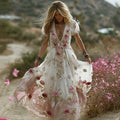 Women's Vintage Rose Embroidery Art V-neck Short Sleeve Maxi Dress