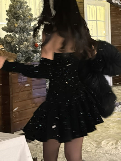 Y2k Velvet Mini Dress Strapless With Choker Bodycon Layered Ruffles A-line Birthday Evening Party Prom Robe Vestidos