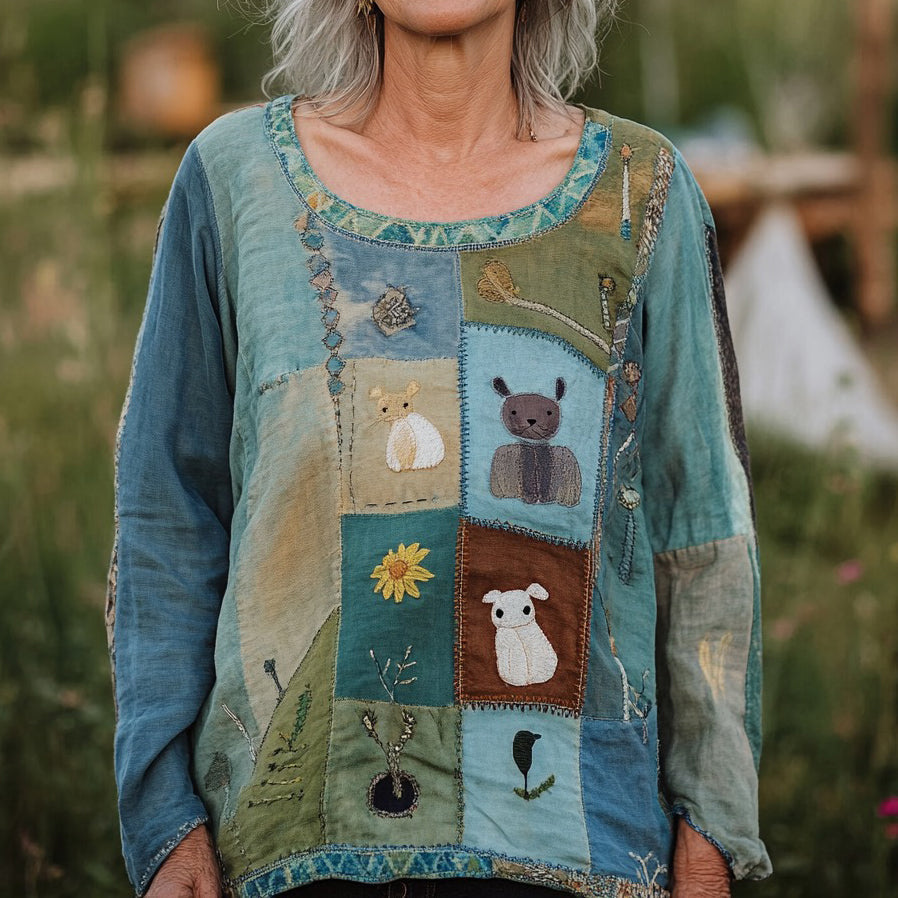 Vintage Funny Animals Patchwork Art Linen Blend Women's Tops elevenforest