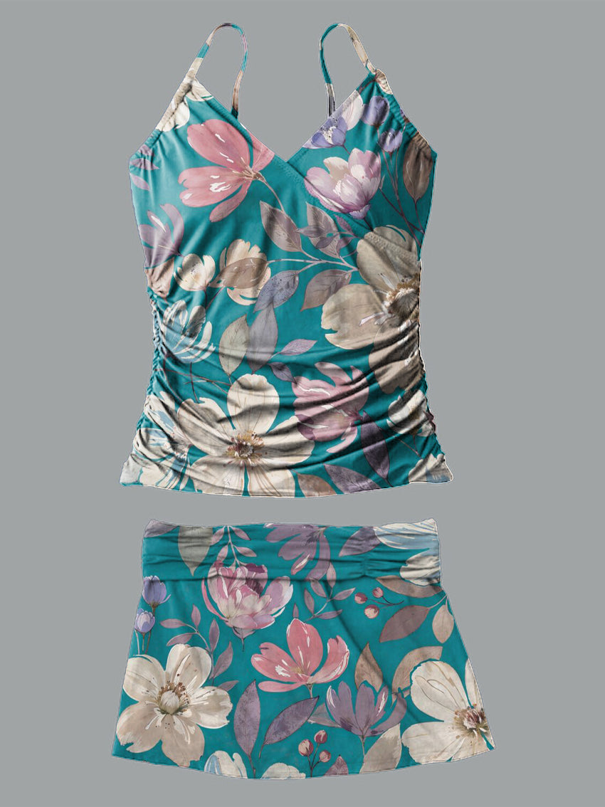 Retro Flower V-Neck Vintage Flowers Print Suspender Skirt Tankini Pantskirt Set Swimsuit