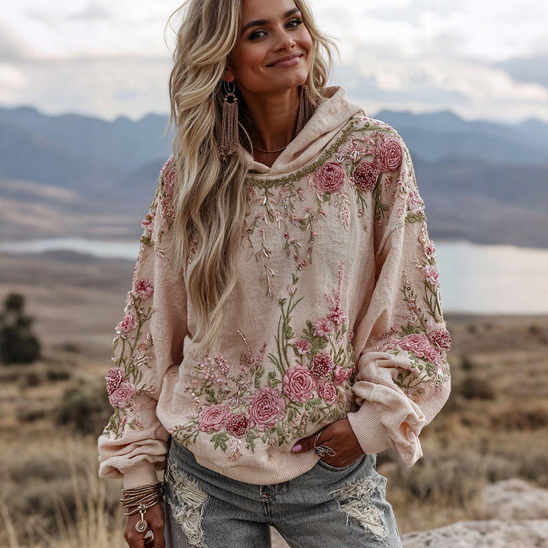 Vintage Retro Rose Floral Embroidered Art Hooded Sweater elevenforest