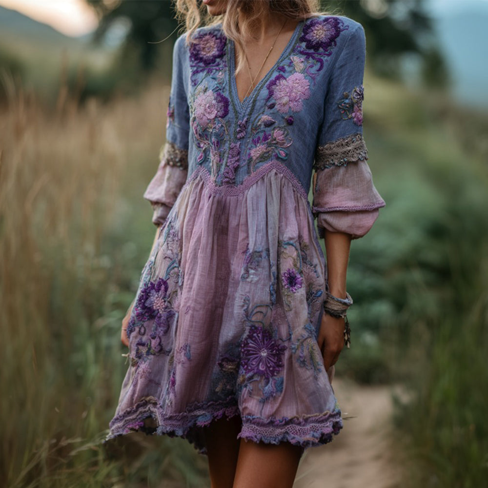 Women's Vintage Purple Floral Art Pattern V-neck Dress elevenforest