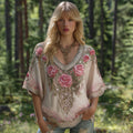 Women's Pink Rose Celtic Knot Art V Neck Linen Comfy T-shirt elevenforest