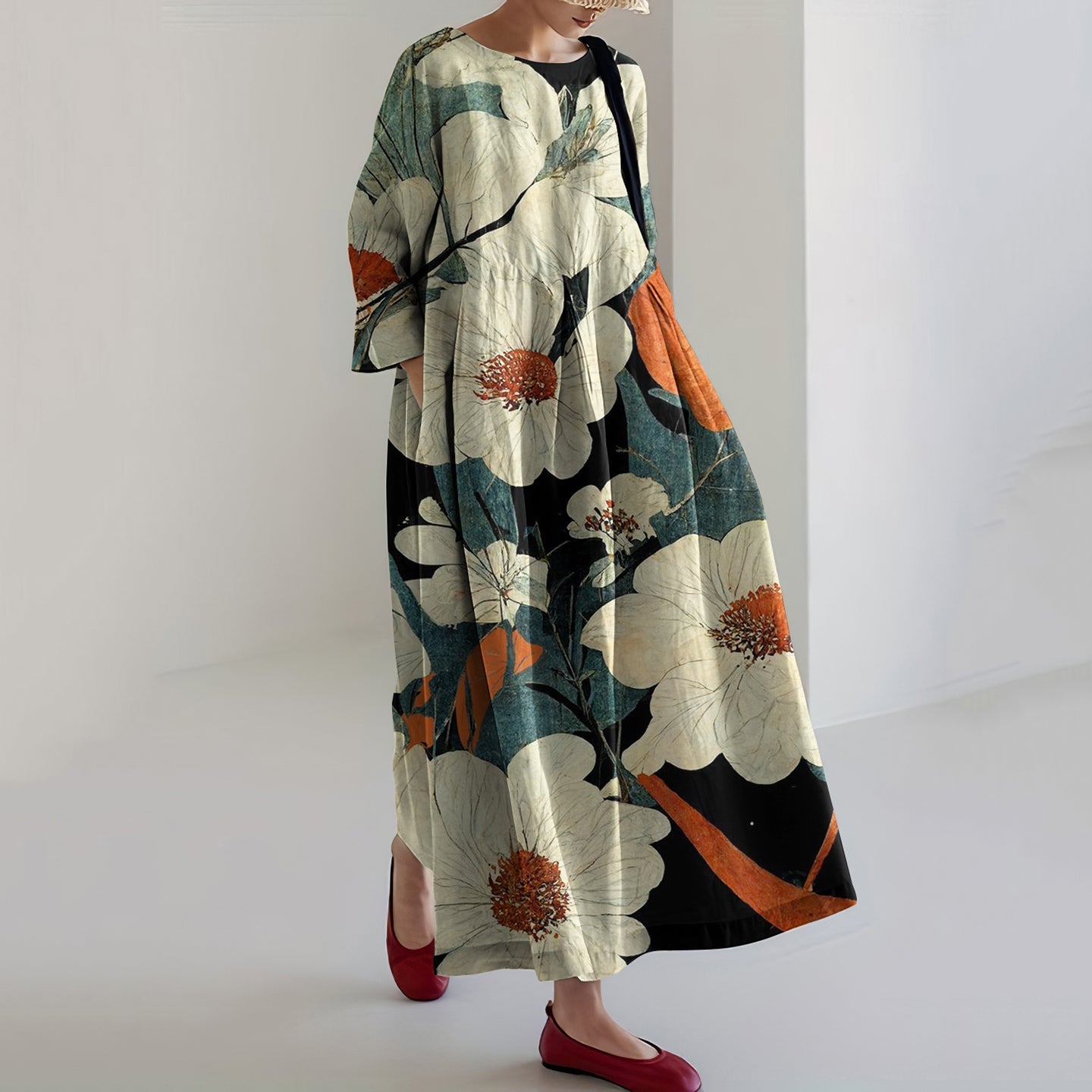 Vintage Japanese Art Floral Print Casual Midi Dress elevenforest