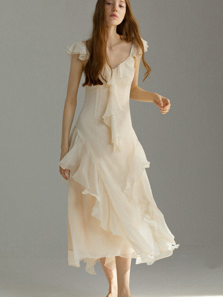 French Ruffles Midi Dress Summer New Sleeveless V-neck Holiday Beach Style A-line Party Prom Robe Vestido Mujer