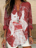 Comstylish Vintage Kimono Dancing Cat Pattern Women's Linen V-neck Shirt
