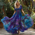 Women's Retro Purple Rose Gradient Pattern Short-sleeved Dress elevenforest