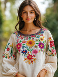 Bohemian Floral Embroidered Vacation Women's Linen Shirt elevenforest