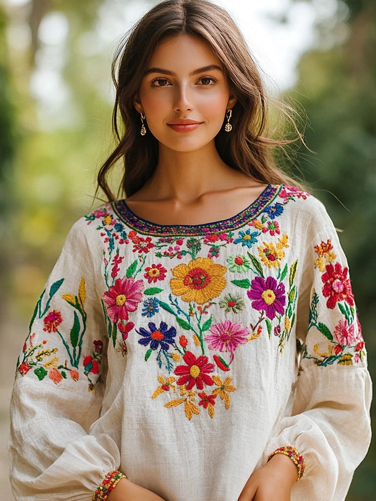 Bohemian Floral Embroidered Vacation Women's Linen Shirt elevenforest