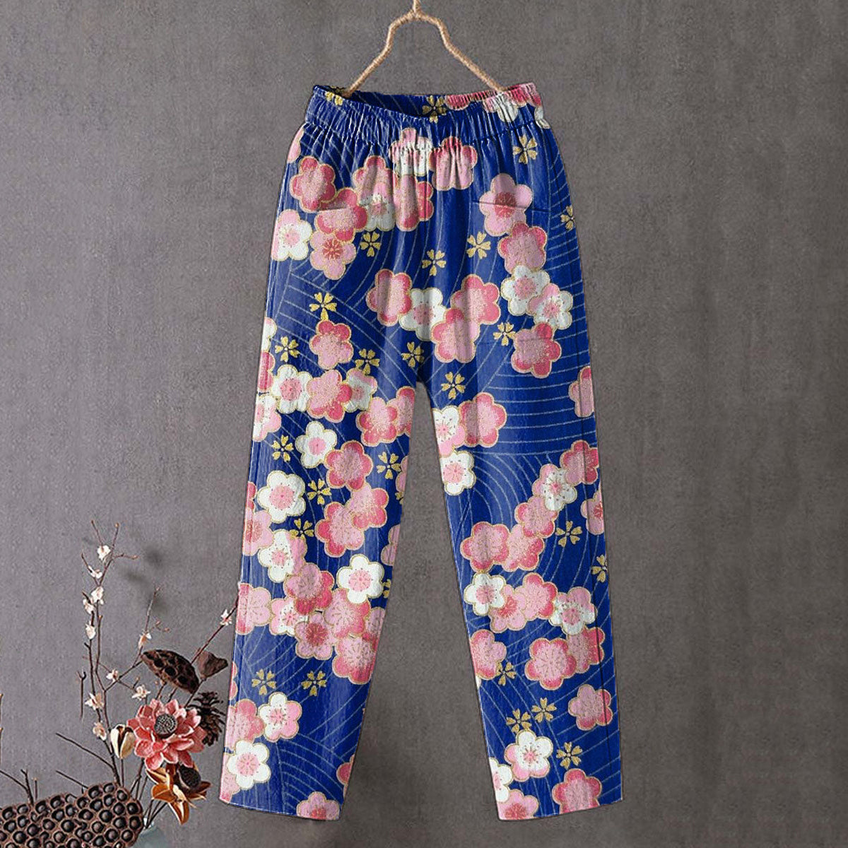 Japanese Sakura Art Print Linen Blend Casual Pocket Pants elevenforest