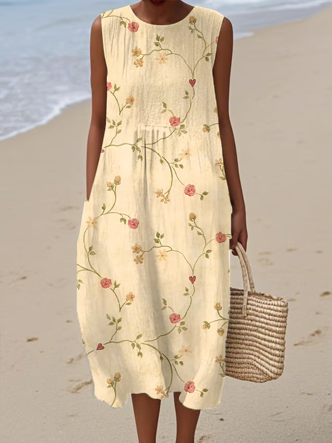 Vintage Floral Art Linen And Cotton Tank Dress elevenforest