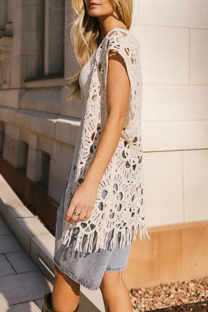 Vacation Color Hollow Out Fringed Hem V Neck Tops