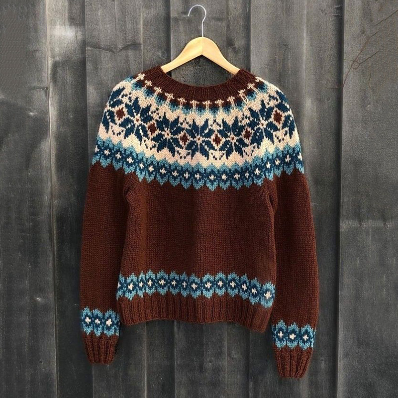 Retro Ethnic Pattern Jacquard Crew Neck Sweater elevenforest
