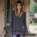 Women's Vintage Floral Lace Embroidered Art Linen T-shirt elevenforest