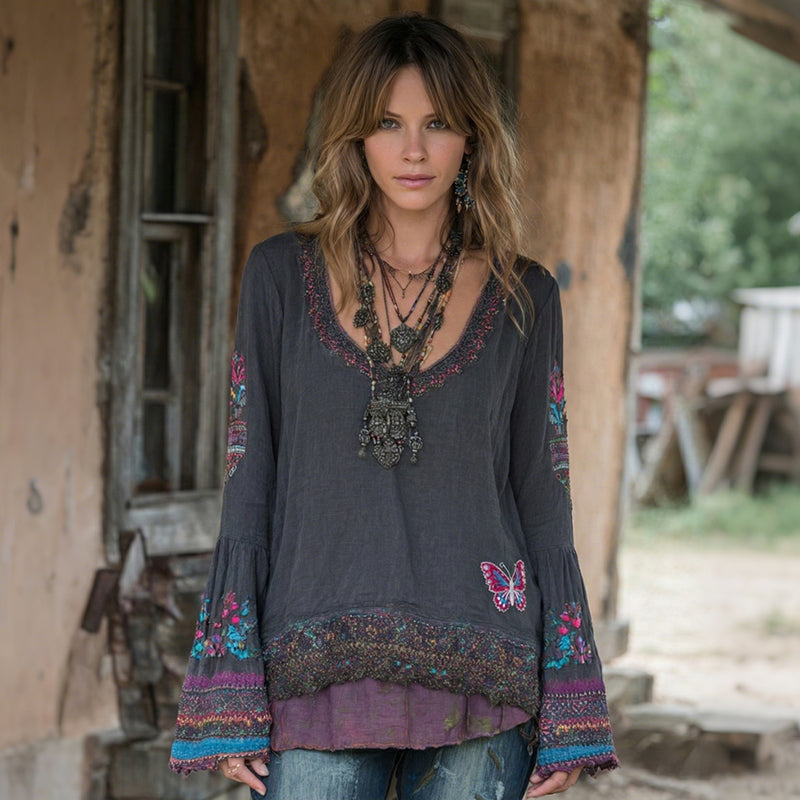 Women's Vintage Floral Lace Embroidered Art Linen T-shirt elevenforest