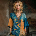 Starry Sky And Sunflower Iris Patchwork Oil Painting V-neck T-shirt elevenforest
