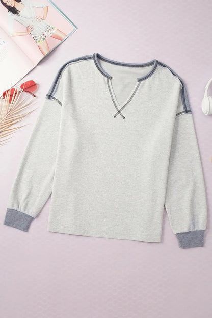 Gray Patchwork V Neck Sweatshirt