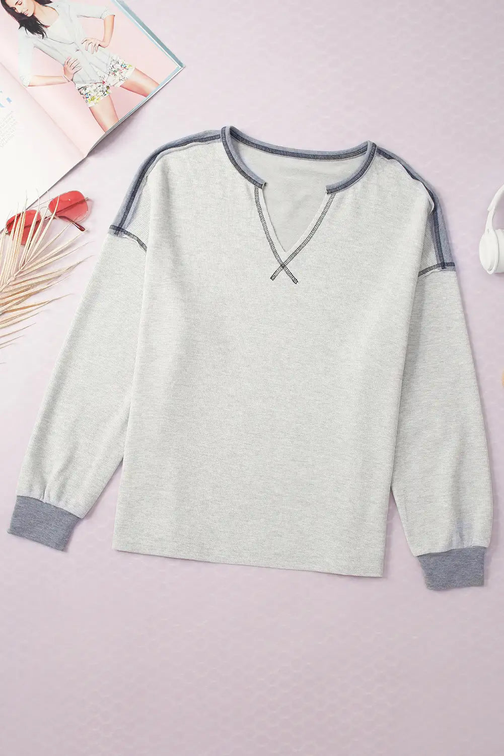 Gray Patchwork V Neck Sweatshirt