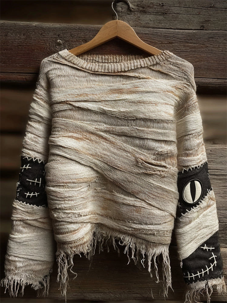 Halloween Spooky Peeking Mummy Bandages Cozy Knit Sweater elevenforest