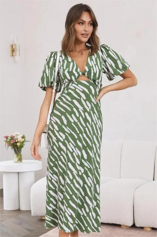 Print Puff Sleeve V-neck Cut-out Slit Midi Dress