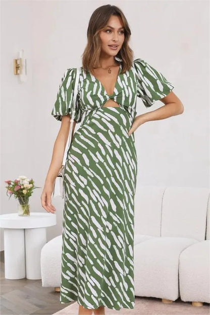 Print Puff Sleeve V-neck Cut-out Slit Midi Dress
