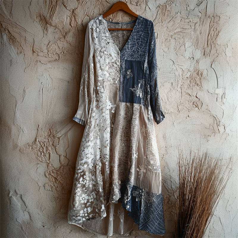 Japanese Floral Sashiko & Lace Flowy Maxi Dress elevenforest