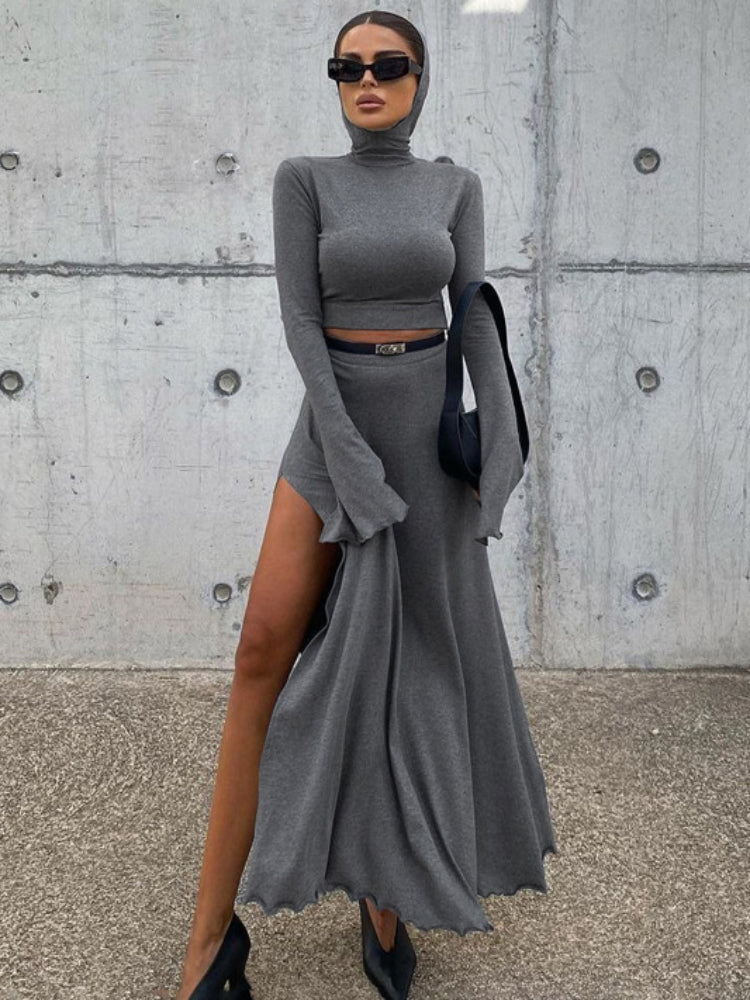 Taruxy Loose Side Slit Skirt Two Piece Sets Outfits Dress Sets Short Long Sleeve Hoodies and Skirts Suit Femme