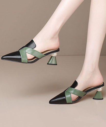 Colorblock Chunky Cowhide Leather Comfortable Splicing High Heel Slippers Lc0191