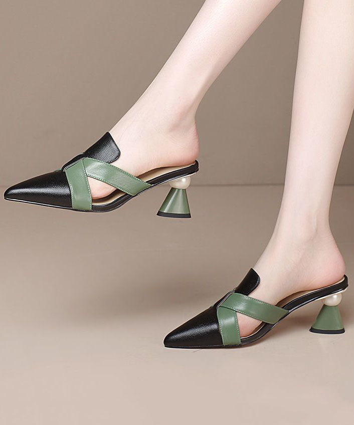 Colorblock Chunky Cowhide Leather Comfortable Splicing High Heel Slippers Lc0191