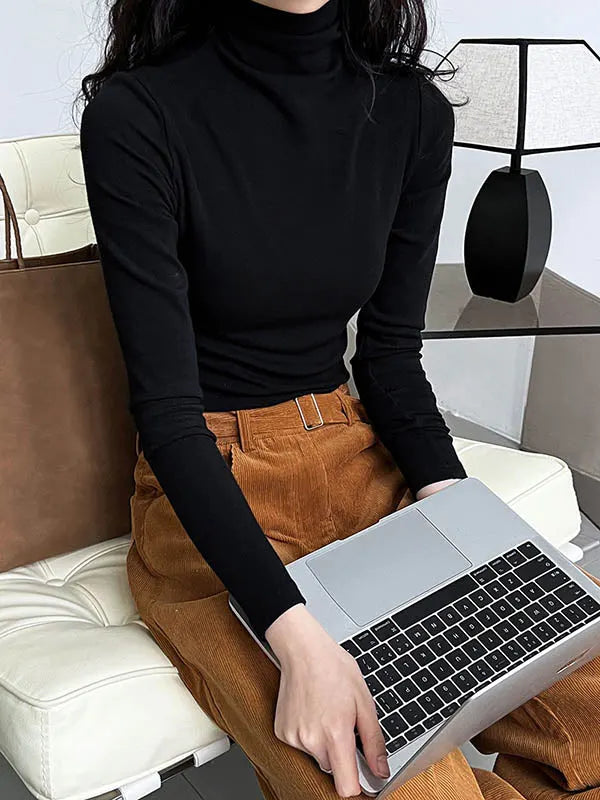 Long Sleeves Skinny Color Split-joint High Neck T-shirts