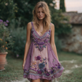 Women's Vintage Purple Lavender Floral Stitching Casual Dress elevenforest