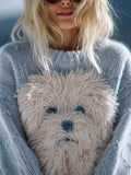 Comstylish Lovely Fuzzy Dog Embroidered Soft Cozy Sweater