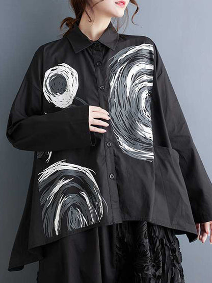 Long Sleeves Loose Asymmetric Printed Split-joint Lapel Blouses