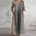 Comstylish Vintage Striped Print V-neck Linen Blend Midi Dress